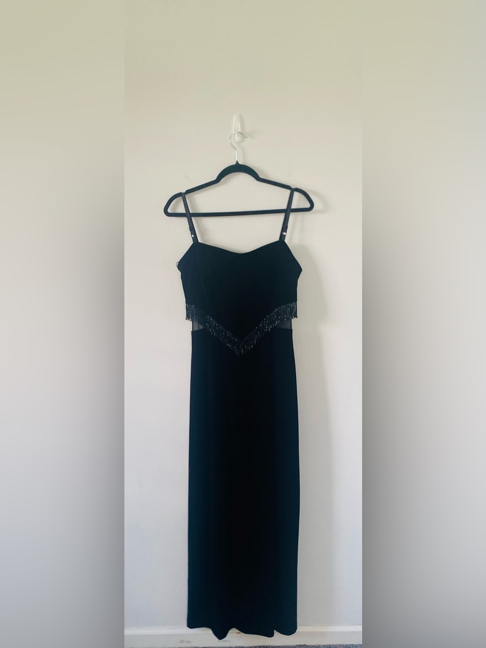Vintage Patra Black Velvet Beaded Fringe Maxi Dress Gown - Size 10 EUC Formal